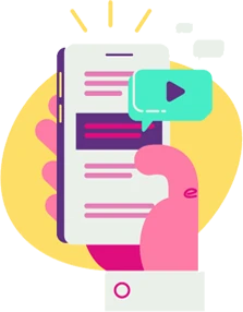 Smartphone with colorful app interface showing text and video content against geometric background