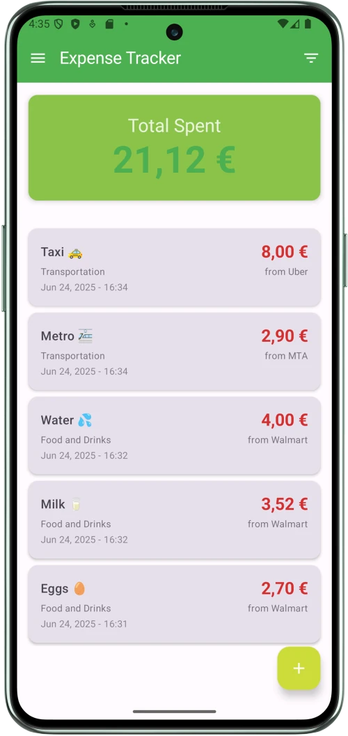 Screenshot of the Expense Tracker app on an Android phone showing total spent and recent expense entries for transportation and groceries.