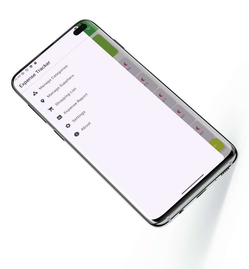 Perspective phone showing Expense Tracker app menu with options: Manage Categories, Manage Suppliers, Shopping List, Expense Report, Settings, and About