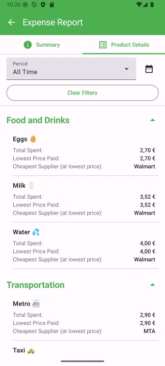 Expense Report summary showing product details like Eggs, Milk, and Water with total spent, lowest price, and cheapest supplier