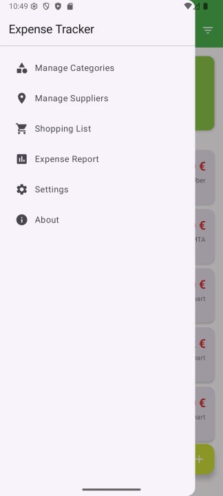 Expense Tracker app interface with checkboxes for features like Manage Suppliers and Settings enabled