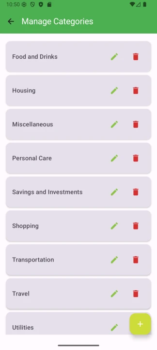 List of expense categories including Food and Drinks, Housing, Transportation, and more