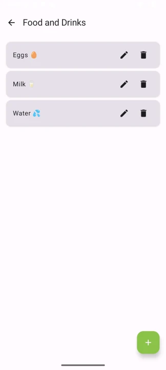 Food and Drinks category with items like Eggs, Milk, and Water, and an add button