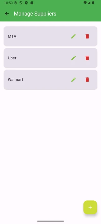 Manage Suppliers screen displaying suppliers such as MTA, Uber, and Walmart, with an add option