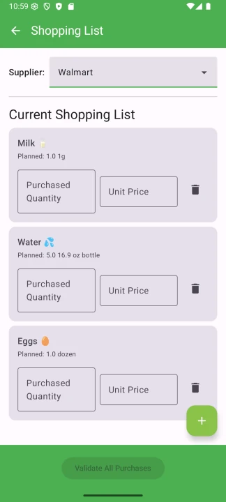 Shopping List screen with items like Milk, Water, and Eggs, showing planned quantities and purchase validation option